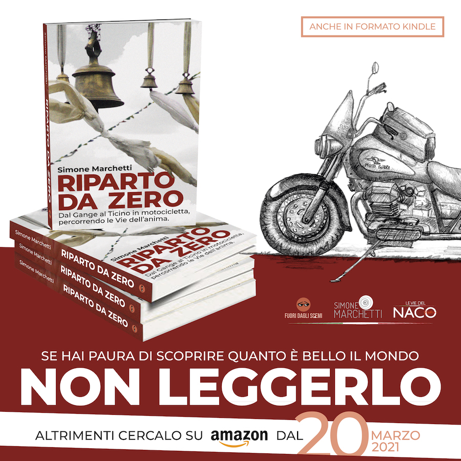 Copertina di «Riparto da Zero» di Simone Marchetti, con l'illustrazione di una Moto Guzzi carica di libri e campanelle dal Gange.